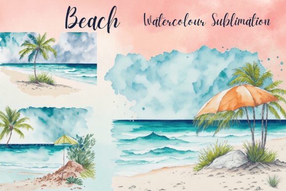 Beach Watercolor Sublimation Clipart Graphics & Illustrations