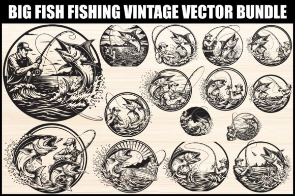 Big Fish Fishing Vintage Vector Bundle: Graphics and Illustrations