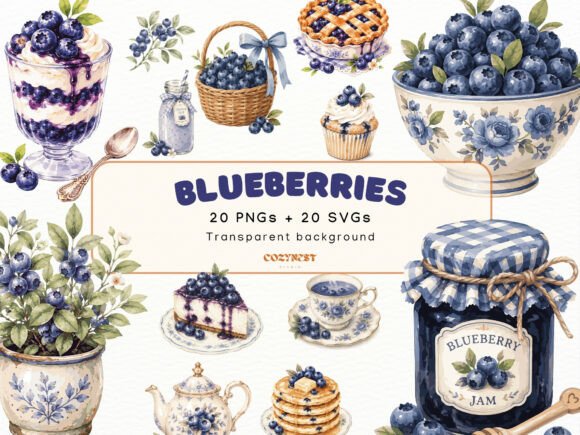 Blueberry Watercolor Cliparts: Graphics & Illustrations