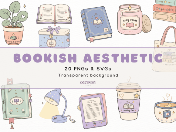 Cozy Bookish Cliparts: Graphics & Illustrations for Branding