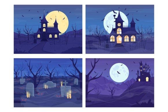 Creepy Nighttime Vector Illustration Set for Editorial Graphics