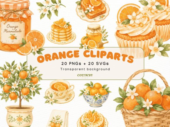 Orange Watercolor Cliparts: Mediterranean Graphics & Illustrations