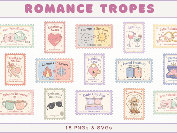 Romance Tropes Stamp Cliparts: Bookish Graphics & Illustrations