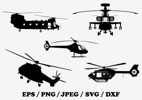 Set of Helicopters Aircraft Silhouettes Graphics & Illustrations
