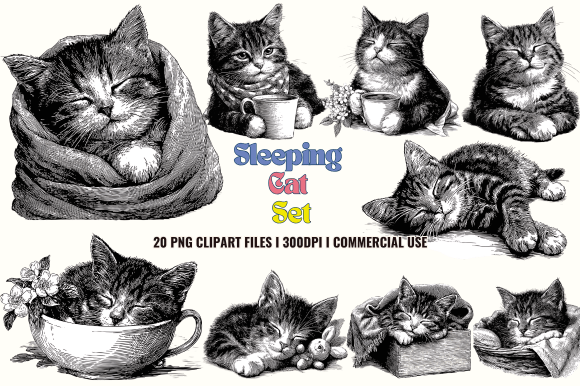 Sleeping Cat Set Clipart: Graphics and Illustrations