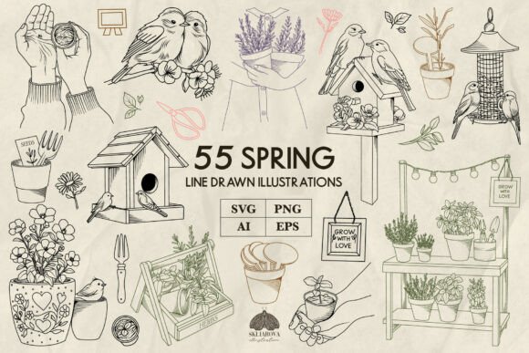 Spring Line Art Collection Graphics & Illustrations