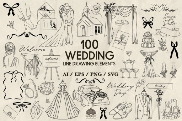 Wedding SVG Line Drawing Graphics for Illustrations